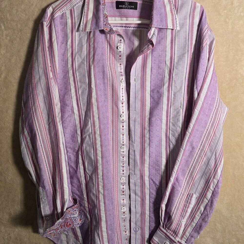 Bugatchi Uomo Shirt Mens XL Long Sleeve Purple Striped Paisley Pattern - EUC 342